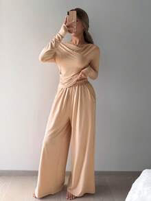 DAZY Minimalist Knit Draped Neck Fitted Top And Wide Leg Pants Women Loungewear Set - Camel - View 5