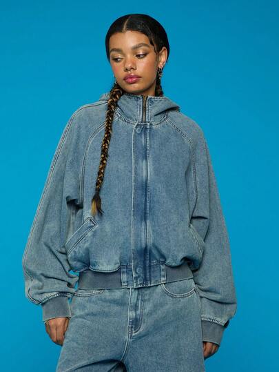 COUREZ Oversized Hooded Denim Jacket In Mid Blue Wash /Y2K Spring Clothes For Women Street Streetwear  Blue Hoodie Going Out Outfits Summer Festival Outfits
