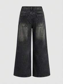 ROMWE Grunge Punk Quần jeans ống rộng dáng suông phong cách Punk Metal đính đinh tán và thêu hình chữ thập. - Xám - Xem 3