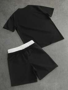 PAVTROS Men's Round Neck Star & Moon Embroidery Pattern Short Sleeve T-Shirt And Shorts Casual Daily Outfit - Black - View 2