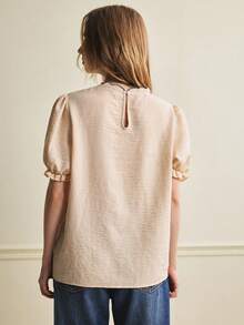 Écloséra Daily Versatile Elegant Temperament Commuting Casual Short Sleeved Khaki Women's Shirt Summer Wear Women's Commuting Wear Ruffled Women's Shirt Women's Elegant Top Women's Casual Top Women's Social Top Embroidered Lace Collar Button Decoration Women's Spring And Summer Top Shirt Scalloped Trim Blouse Puff Sleeve Top Blouse For Women Casual Modern Latest Tops For Women New Arrivals French Style Clothes Women - Khaki - View 3