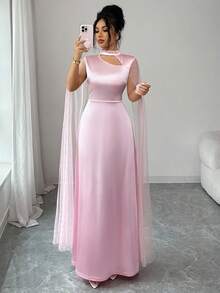 Elenzga Women's Hollow Out Stand Collar Dress - Pink - View 6