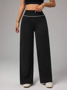 Dewbera Dewbera Pantalones anchos de mujer para yoga, deportes, fitness al aire gimnasio, con cintura con rayas de color contrastante, básicos y casuales - Negro - Ver 2