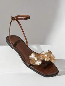 Solezae Sandal đế bằng quai ngang mắt cá chân họa tiết hoa, thời trang và thoải mái dành cho nữ. - Màu nâu Sô-cô-la - Xem 1