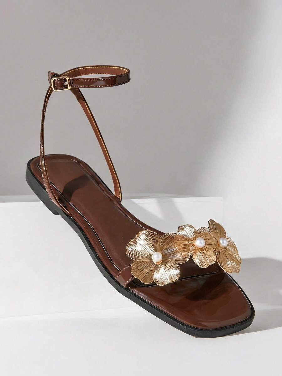 Solezae Sandal đế bằng quai ngang mắt cá chân họa tiết hoa, thời trang và thoải mái dành cho nữ. - Màu nâu Sô-cô-la - Xem 1