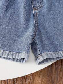 SHEIN 2件套儿童男童休闲百搭舒适圆领宽松短袖针织T恤和牛仔短裤套装 - 杏色 - 查看 4