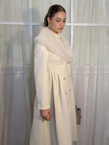 Aless PB Chaqueta elegante con estilo de palacio, cuello de piel sintética, decoración de botones de perlas, con un toque romántico y juvenil. Abrigo de mezcla de lana de estilo chic para mujer, ideal para el invierno - Albaricoque - Ver 4