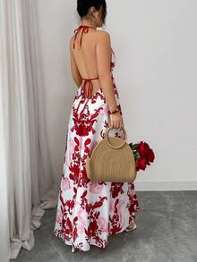 SHEIN Women's Print Spaghetti Strap Tie Waist A-Line Dress, Charming Sexy Elegant Daily Commute Vacation Fashion Date French Street Retro Versatile Spring Summer Red White New Long Sleeveless Spaghetti Strap Slip Dress - Multicolor - View 2