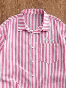 SWAVVY Men's Letter Embroidery Striped Short Sleeve Shirt, Spring/Summer - Pink - View 2