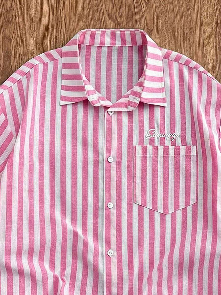 SWAVVY Men's Letter Embroidery Striped Short Sleeve Shirt, Spring/Summer - Pink - View 1