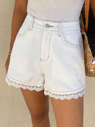 Livesso 蕾丝拼接纯色休闲女式牛仔短裤