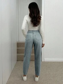 EURMUSE Women's Casual Washed High-Waisted Tapered Jeans - Light Wash - View 2