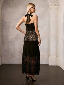 MOTF Soiréza WOMEN'S ELEGANT SLEEVELESS HALTER-NECK MAXI FORMAL DRESSES WITH LACE TRIM, IDEAL FOR WEDDINGS, GALA DINNERS, PARTIES, CELEBRATIONS, SPRING DRESSES SUMMER OUTFITS - Black - View 3