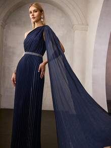 MOTF PREMIUM ELEGANT DEEP BLUE EXTRA LONG SLEEVE ASYMMETRIC NECKLINE MAXI PARTY GOWN FOR WOMEN | WAIST RHINESTONE EMBELLISHMENTS, PLEATED FABRIC, BODYCON FIT FOR NEW YEAR, VALENTINE'S DAY, FORMAL PARTIES, GALAS & CELEBRATIONS - Navy Blue - View 7