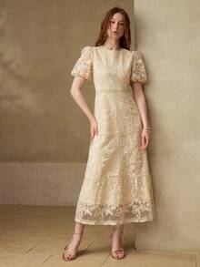 MOTF PREMIUM WOMEN'S VACATION MESH JACQUARD SPLICING A-LINE MIDI DRESS - Apricot - View 5