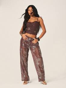 MISSGUIDED 女士阔腿亮片裤，饰有漩涡玫瑰图案和精美装饰细节，适合晚宴场合 - 咖啡棕 - 查看 2