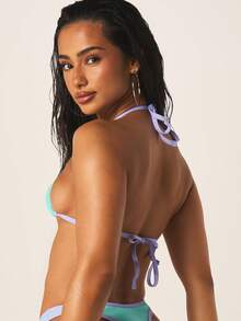 MISSGUIDED Bộ bikini màu bạc hà dành cho nữ với áo tam giác viền tím tương phản và quần dây cạp cao, thích hợp cho đi biển mùa hè. - Màu xanh lam - Xem 2