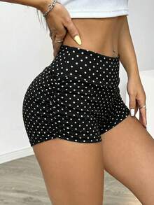 SHEIN EZwear Quần short đạp xe nữ màu trơn xếp ly chấm bi đen trắng, thích hợp cho đạp xe, yoga, thể thao mùa hè, chấm bi Ducati, chấm bi cổ điển, quần short chấm bi phong cách Mỹ, quần short đạp xe, quần short thể thao, giúp thắt eo và nâng mông. - Nhiều màu - Xem 2
