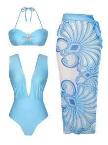 Swim Oasis Women's Hollow-Out Starfish Decor One-Piece Swimwear Set With Tie-Up Textured Mesh Maxi Skirt, Vintage Bohemian Beach Vacation Style - Multicolor - View 7