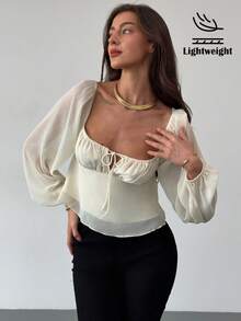 Aloruh Square Neck Gathered Waist Flared Textured Puff Sleeve Blouse - Apricot - View 2