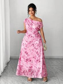 Elenzga 大码优雅约会之夜派对露肩收腰显瘦印花A字长裙 - 粉色 - 查看 3