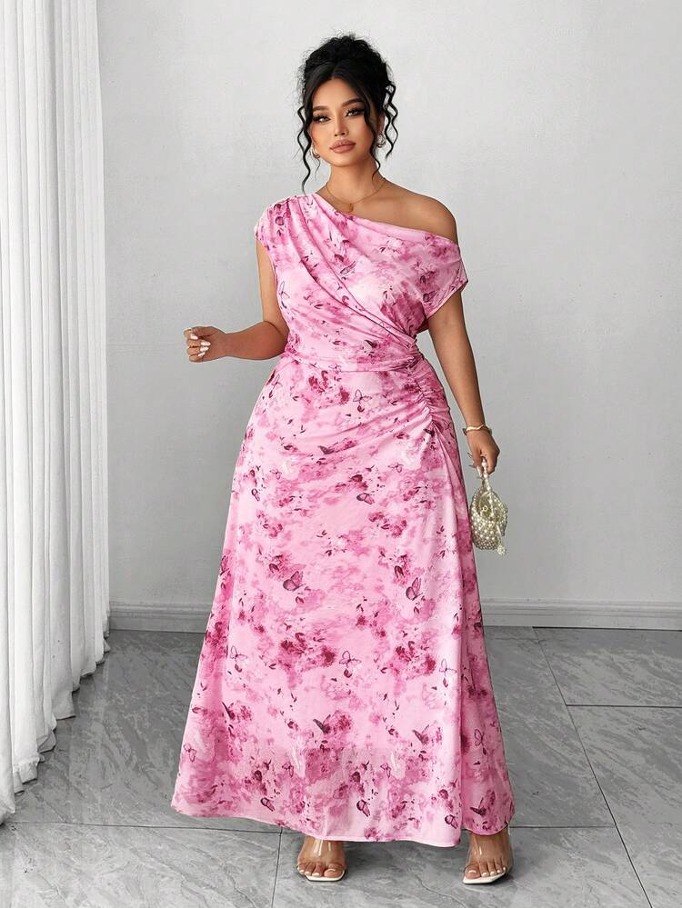 Elenzga Robe maxi évasée florale élégante pour soirée, avec épaules dénudées et taille cintrée, pour grandes tailles - Rose bonbon - Voir 3