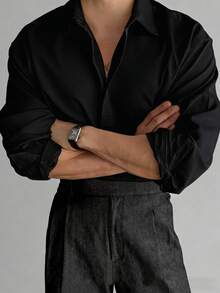 Claim Dot 男士休闲纯色长袖黑色衬衫，简约百搭，适合日常穿着和通勤，春秋季款 - 黑色 - 查看 2