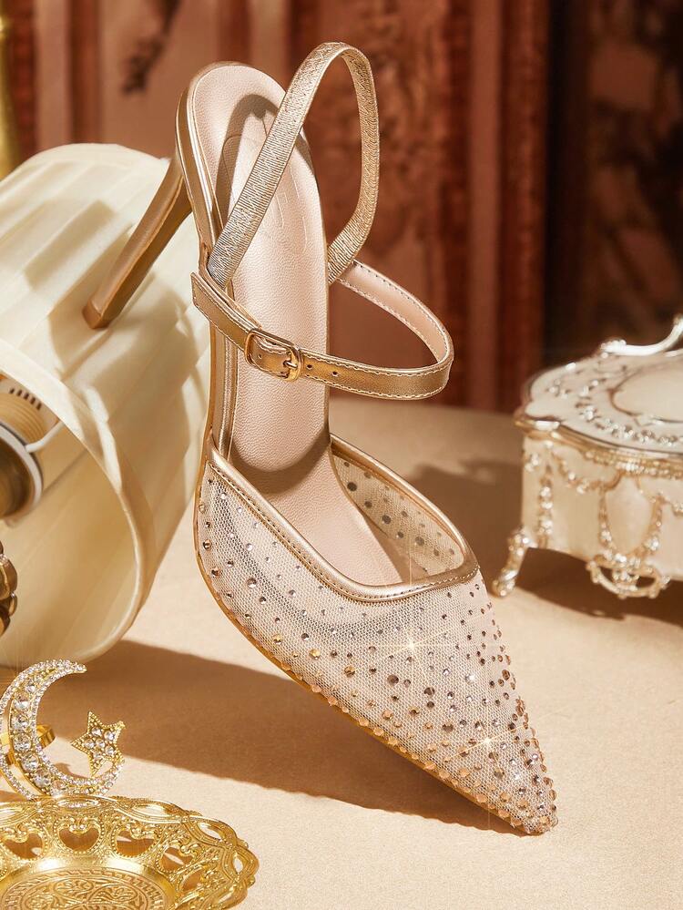 CUCCOO TILAWA Women's Summer New Sparkling Crystal Mesh Pointed Toe Stiletto High Heel Elegant Glamorous Gold Mesh Peep Toe High Heels, Dress Shoes, Bridal Shoes, Bridesmaid Shoes, Fashion Party Evening Wedding Shoes