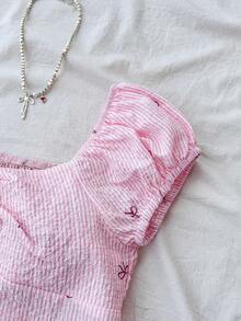 SHEIN 少女粉色编织纹理蝴蝶印花休闲宽松露背上衣 - 粉色 - 查看 3