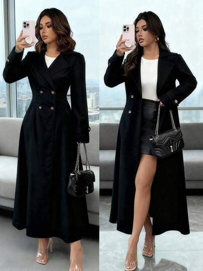 Rafferiza Swobodna, dwurzędowa, długa wiatrówka z marszczeniami w talii, kolor khaki, wiosenno-jesienna wiatrówka damska, kurtka damska, odzież wierzchnia damska, jesienna odzież damska, elegancka, swobodna, długa wiatrówka damska