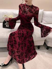 DAZY Đầm ren đỏ nhung mềm mại, thanh lịch cho mùa xuân/hè, thích hợp cho ngày Valentine, đám cưới, tiệc tùng, dạ hội, các dịp trang trọng, thời trang, dáng ôm, chân váy đuôi cá, phối bèo nhún, tay dài, dáng midi cho nữ, đầm chống nắng cho nữ - Màu Đỏ Sâu - Xem 5