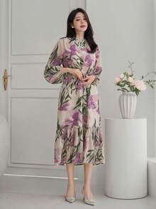 DAZY Đầm nữ thanh lịch in hoa, cổ tròn, thắt eo, dài ngang gối, thích hợp cho mùa xuân/hè. - Màu be - Xem 4