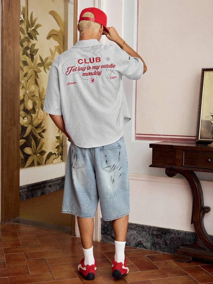 SWAVVY 男士梭织休闲宽松条纹短袖衬衫 - 黑色 - 查看 1