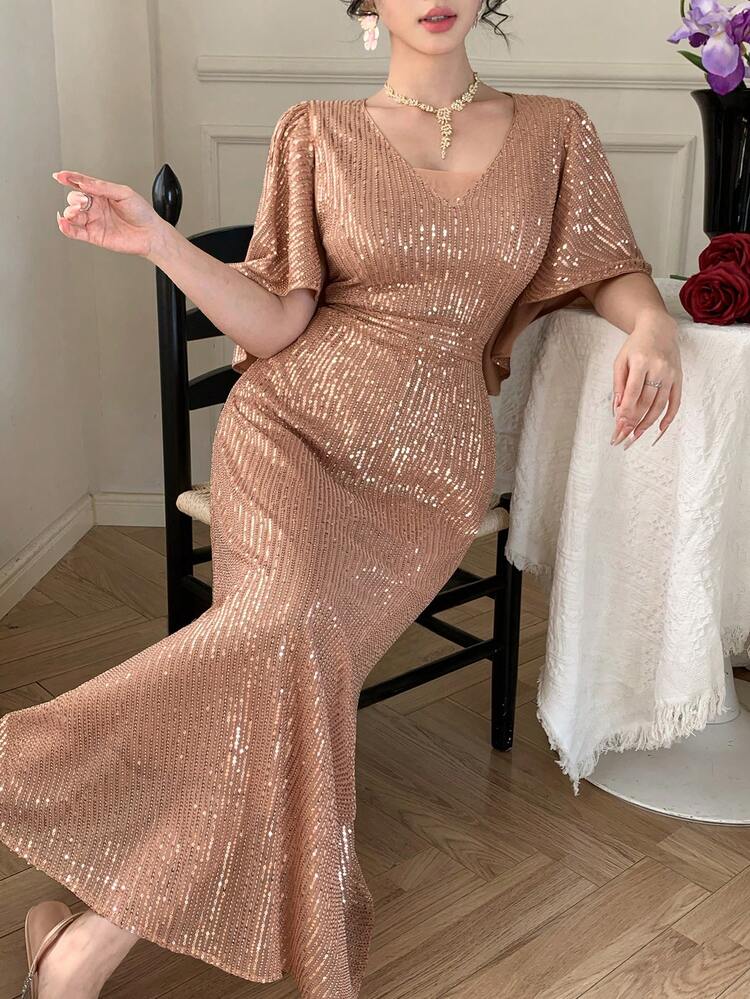 Elegant High-End Sequin Waist Dress, Luxurious Party Gown With High-Quality Vibe Summer Sun Dresses For Women
