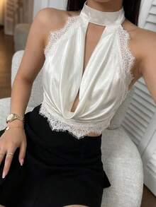 Aloruh 女士浪漫纯白色深V领露背蕾丝拼接垂褶吊带衫 - 白色 - 查看 10