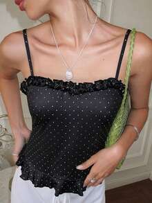 INAWLY Polka Dot Frill Trim Camisole Crop Top, Slim Fit New Design For Women - Black - View 4