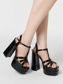 ROMWE Goth 女士新款圆头超高跟粗跟露趾夏季防水厚底凉鞋时尚性感Y2K - 靜夜黑 - 查看 5