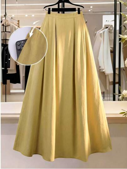 Franclia Plus Size Women's Solid Color High Waist Pleated A-Line Long Skirt, Elegant French Retro Romantic Minimalist Style Suitable For Office, Commute, Business, Casual, Beach, Resort, Street Style, Afternoon Tea, Boho, Middle Eastern, Spring/Summer New Arrival