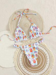 Swim Mod 趣味卡通印花露背沙滩度假比基尼，彩色涂鸦印花两件套泳衣，春夏款 - 彩色 - 查看 3