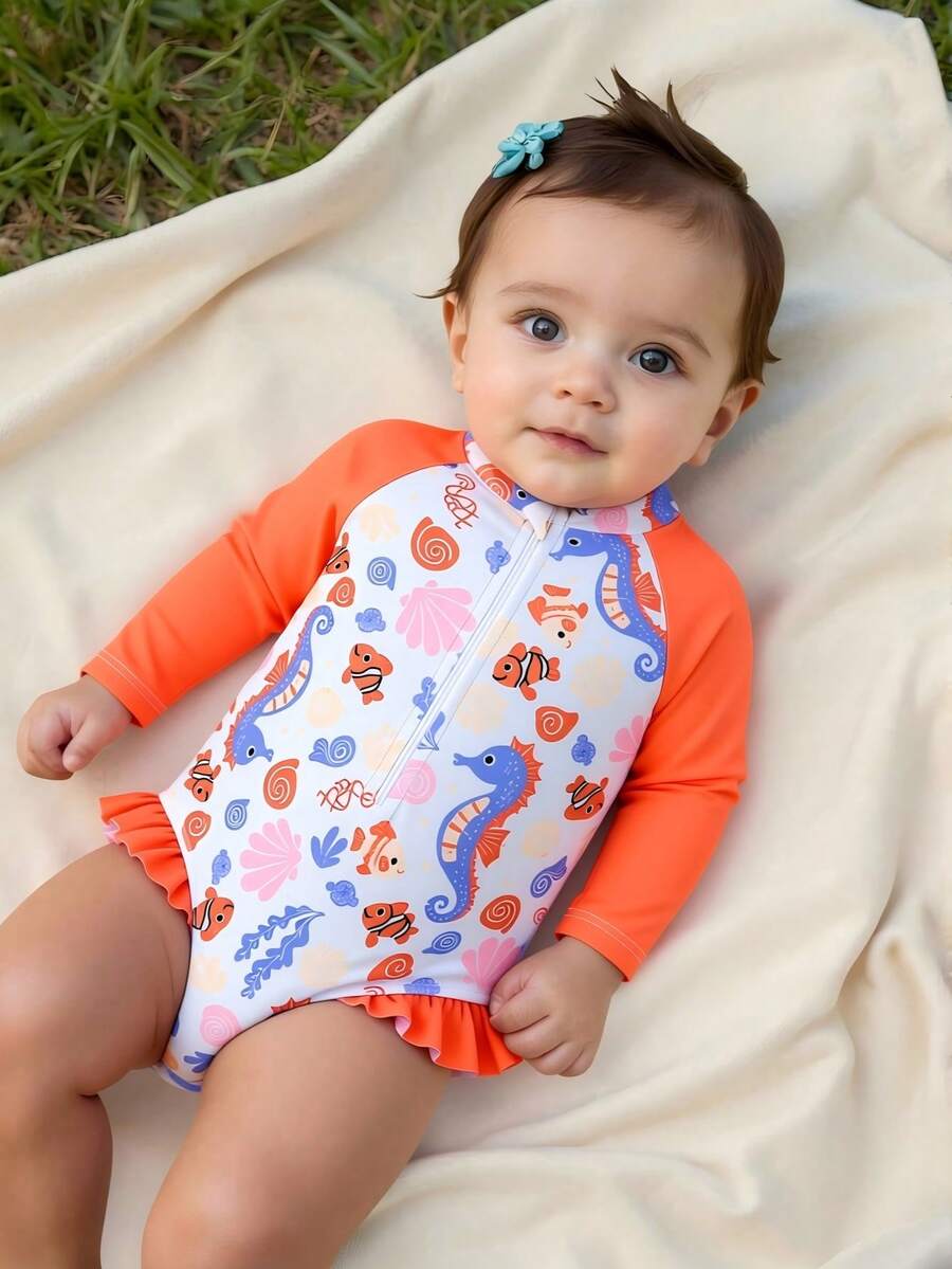 SHEIN Traje de baño de una pieza con cremallera, de manga larga y estampado de palmeras de la isla, para niñas pequeñas. Traje de baño con protección solar y manga raglán con volantes, lindo - Multicolor - Ver 1