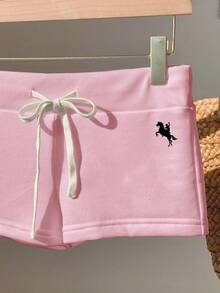 Comfortcana Casual Minimalist Pink Horse Pattern Drawstring Waist Fitted Shorts Spring - Baby Pink - View 3