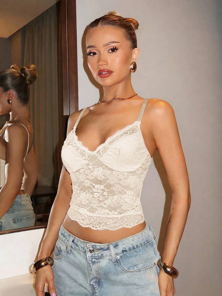 SHEIN BAE Regata de Renda Elegante de Cor Sólida Feminina, Verão - Damasco - Visão 4