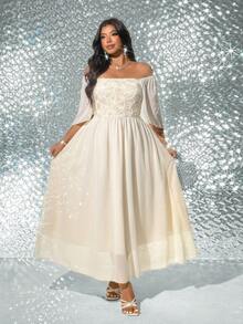 Viva Relle 大码女式提花杏色优雅度假连衣裙，春夏款 - 杏色 - 查看 7