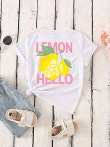 女童字母柠檬印花圆领短袖休闲宽松百搭T恤 - 白色 - 查看 2