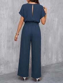 SHEIN Clasi Bộ jumpsuit dài nữ màu xanh dương thanh lịch, cổ tròn, hai lớp vải cotton nhăn, thắt eo, thích hợp cho kỳ nghỉ hè, hẹn hò, đi làm và du lịch. - Màu xanh lam - Xem 2