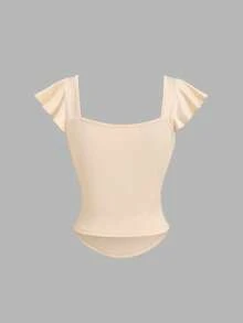 Sweetra Women's Light Yellow Knit Square Neck Cap Sleeve Fitted T-Shirt, Summer - Light Yellow - View 2