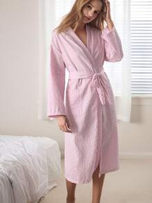 Ocili Women's Plaid Long Sleeve Robe With Belt - Pink - View 2