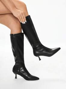 Glitzique 2025秋冬韩版简约过膝长靴，弹性面料，绒面质感，修身廓形，侧拉链，尖头高跟，猫跟 - 黑色 - 查看 3