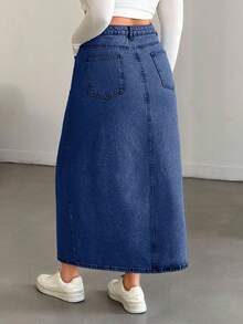 EURMUSE Plus High Waist Front Slit Denim Skirt - Medium Wash - View 2