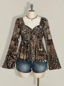 SHEIN ICON 大码女式波西米亚风佩斯利豹纹棕色T恤 - 彩色 - 查看 3